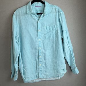 Tommy‎ Bahama Mens Button Up Shirt Teal Blue-Green L 100% LINEN Long Sleeve